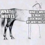 See, it can’t be an ai making it =) | WHAT AI WRITES; WHAT I WRITE TO MAKE IT LOOK MORE LIKE MY WRITING STYLE | image tagged in horse drawing,funny,memes,chatgpt,school,you have been eternally cursed for reading the tags | made w/ Imgflip meme maker
