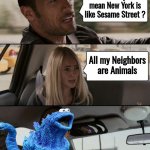 Oh , those New York Taxi drivers | What do you mean New York is like Sesame Street ? All my Neighbors are Animals | image tagged in memes,the rock driving,new york city,wild west,gun fights,x x everywhere | made w/ Imgflip meme maker