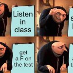 bruh does this happen to u | Listen in class; study hard; get a F on the test; get a F on the test | image tagged in memes,gru's plan | made w/ Imgflip meme maker