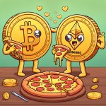 Bitcoin and Gomining token are eating a pizza