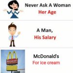 Never ask a woman her age | McDonald's; For ice cream | image tagged in never ask a woman her age | made w/ Imgflip meme maker
