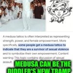 Funny | MEDUSA CAN BE THE DIDDLER'S NEW TRAMP STAMP AND MERCH LOGO. | image tagged in funny,logo,diddy,tattoo,marketing,advertising | made w/ Imgflip meme maker
