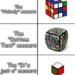 Caption meme | The "Nobody" memers; The "Bottom Text" memers; The "It's just a" memers | image tagged in rubik's cube comparison | made w/ Imgflip meme maker