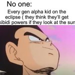 Vegeta Proudly Smiling | No one:; Every gen alpha kid on the eclipse ( they think they’ll get skibidi powers if they look at the sun) | image tagged in vegeta proudly smiling | made w/ Imgflip meme maker