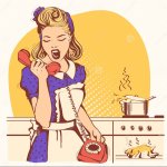 Retro housewife yelling into the phone. template