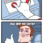 Usa In 1945  be like: | BOMB  NAGASAKI; BOMB HIROSHIMA; USA: WHY NOT BOTH? | image tagged in pressing both buttons | made w/ Imgflip meme maker