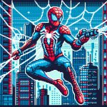 Spider hero with web shooters and red and blue suit web pattern