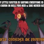 seriously child? you have no idea how much I love you | WHEN MY LITTLE SISTER IS SAYING EVERYONE IS AGAINST HER & I WOULD BURN IN HELL FOR HER & SHE NEVER GETS IN TROUBLE | image tagged in consider me provoked,sister | made w/ Imgflip meme maker