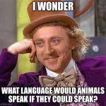 Hmm ¯\_(ツ)_/¯ | I WONDER; WHAT LANGUAGE WOULD ANIMALS SPEAK IF THEY COULD SPEAK? | image tagged in memes,creepy condescending wonka | made w/ Imgflip meme maker