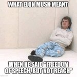 Freedom of speech | WHAT ELON MUSK MEANT; WHEN HE SAID "FREEDOM OF SPEECH, BUT NOT REACH" | image tagged in padded cell room 1,elon musk,censorship,twitter,freedom of speech | made w/ Imgflip meme maker