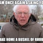 Bernie Sanders Once Again Asking | I AM ONCE AGAIN ASKING YOU; TO TAKE HOME A BUSHEL OF RHUBARB | image tagged in bernie sanders once again asking | made w/ Imgflip meme maker