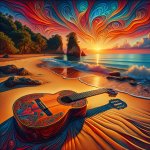 a spanish guitar in a tropical beach at sunset