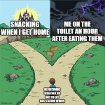 Two Paths | ME ON THE TOILET AN HOUR AFTER EATING THEM; SNACKING WHEN I GET HOME; ME DECIDING WHETHER OR NOT TO EAT GAS STATION WINGS | image tagged in two paths | made w/ Imgflip meme maker