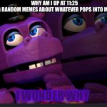 ?? | WHY AM I UP AT 11:25
MAKING RANDOM MEMES ABOUT WHATEVER POPS INTO MY HEAD? I WONDER WHY | image tagged in mr hippo thinking | made w/ Imgflip meme maker
