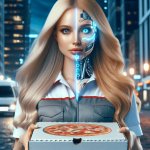 Cyberwoman Blonde hair, delivering a Pizza