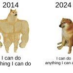 Buff Doge vs. Cheems | 2014; 2024; I can do anything I can do; I can do anything I can afford | image tagged in memes,buff doge vs cheems | made w/ Imgflip meme maker