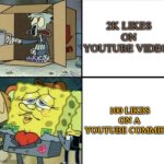 Poor Squidward vs Rich Spongebob | 2K LIKES ON YOUTUBE VIDEOS; 100 LIKES ON A YOUTUBE COMMENT | image tagged in poor squidward vs rich spongebob | made w/ Imgflip meme maker