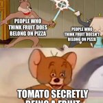 I think I settled the agreement........ | PEOPLE WHO THINK FRUIT DOES BELONG ON PIZZA; PEOPLE WHO THINK FRUIT DOESN'T BELONG ON PIZZA; TOMATO SECRETLY BEING A FRUIT | image tagged in tom and jerry swordfight,tomato,fruit,pizza,pineapple | made w/ Imgflip meme maker
