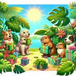 cute dogs and capybaras with gifts, sun and a lot of monsteras, meme