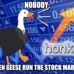 Geese are running the stock market | NOBODY:; WHEN GEESE RUN THE STOCK MARKET | image tagged in honks,jpfan102504 | made w/ Imgflip meme maker