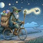 Postman wizard delivering messages on a bike