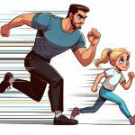 Tall man running behind 10 year old girl with blonde hair and bl