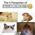 May they rest in peace | FALLEN MEME PETS 🫡; R.I.P | image tagged in four horsemen | made w/ Imgflip meme maker