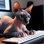 Hairless cat typing on computer