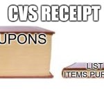 Big book small book | CVS RECEIPT; COUPONS; LIST OF ITEMS PURCHASED | image tagged in big book small book | made w/ Imgflip meme maker