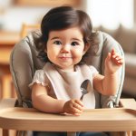 A baby with a smug expression sitting in a high chair, holding a