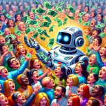 Robot throwing money to lot of people