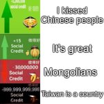 Chinnnna | I love China; I kissed Chinese people; It's great; Mongolians; Taiwan is a country; The death of 85 million people due to the great leap forward | image tagged in levels of social credit | made w/ Imgflip meme maker