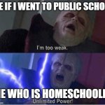Homeschooled | ME IF I WENT TO PUBLIC SCHOOL; ME WHO IS HOMESCHOOLED | image tagged in too weak unlimited power,homeschool,funny,star wars | made w/ Imgflip meme maker