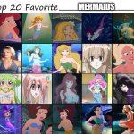 top 20 favorite mermaids | MERMAIDS | image tagged in top 20 favorite,mermaid,the little mermaid,movies,anime,cartoons | made w/ Imgflip meme maker