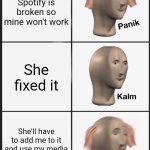 I am so destroyed a bomb is less destructived | Mom's Spotify is broken so mine won't work; She fixed it; She'll have to add me to it and use my media player's browser | image tagged in memes,panik kalm panik | made w/ Imgflip meme maker