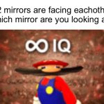 Which one? | If 2 mirrors are facing eachother, which mirror are you looking at? | image tagged in infinite iq,memes | made w/ Imgflip meme maker