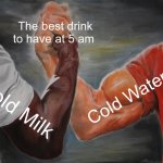 The BEST | The best drink to have at 5 am; Cold Water; Cold Milk | image tagged in memes,epic handshake,fun | made w/ Imgflip meme maker
