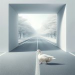 white duck crossing the road