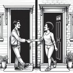 Neighbors opening house doors and greeting each other