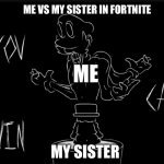 I’m probably the first person to use this template | ME VS MY SISTER IN FORTNITE; ME; MY SISTER | image tagged in ultra m you can't win | made w/ Imgflip meme maker
