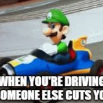 Luigi MarioKart | WHEN YOU'RE DRIVING AND SOMEONE ELSE CUTS YOU OFF | image tagged in gifs,luigi | made w/ Imgflip video-to-gif maker