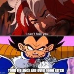 rogue can't feel vegeta | YOUR FEELINGS ARE OVER 9000 BITCH | image tagged in rogue can't feel who,vegeta,super saiyan,its over 9000,anime meme,x-men | made w/ Imgflip meme maker