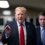 Trump Sex Fraud Hush Money Trial lying outside courthouse