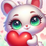female rabbit with green eyes holding a big red heart