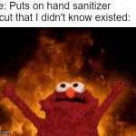 I can feel this image. And I do not like it. | Me: Puts on hand sanitizer
A cut that I didn't know existed: | image tagged in gifs,relatable,elmo,fire,burn,hand sanitizer | made w/ Imgflip video-to-gif maker