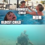 Swimming Pool Kids | YOUNGEST CHILD; MUM; OLDEST CHILD; MIDDLE CHILD | image tagged in swimming pool kids | made w/ Imgflip meme maker