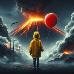 Boy in a yellow rain coat holding a red balloon standing by a sm template