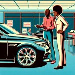 african man standing with his wife, buying a car at a car sale s