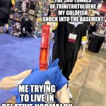 . | THE 500 TONNES OF TRINITROTOLUENE MY GOLDFISH SNUCK INTO THE BASEMENT; ME TRYING TO LIVE IN RELATIVE NORMALCY | image tagged in shadow gun | made w/ Imgflip meme maker