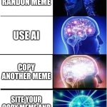 meme just copy | DO RANDON MEME; USE AI; COPY ANOTHER MEME; SITE YOUR COPY MEME AND USE WIKIPEDIA | image tagged in memes,expanding brain | made w/ Imgflip meme maker
